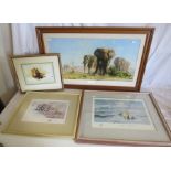 A group of 4 David Shepherd framed prints , to include a large print of elephants , "The ivory is
