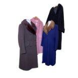 4 vintage coats to include a 60s coat in navy blue with beaver fur collar, a brown 60s coat with