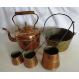 A Victorian copper kettle , a brass preserving pot and a set of three copper measures