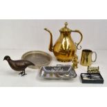 Collection of metal wares including large brass teapot, plated items and bronzed bird