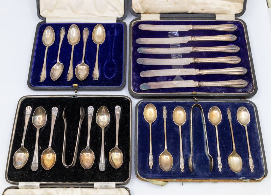 A collected silver to include a Harrods London cased set of teaspoons, (one missing) initialled ER