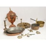 Collection of brass and copper wares including sauce pans, chargers, hot water pot etc