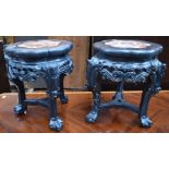 A pair of diminutive Chinese hardwood jardiniere stands with marble counter, 31cm high, glued
