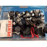 Collection of 20th century 10 Pentax SLR cameras, some cased and one boxed