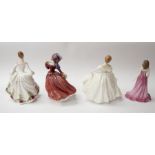 Four Royal Doulton lady figures including Nancy, Autumn Breezes, Ruby and Country Rose (damaged)