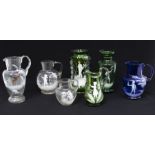 Collection of cut-glass jugs, rose bowls, with five Mary Gregory style jugs