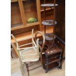 Mahogany bedside stand, two 19th Century bedroom chairs and a cake stand