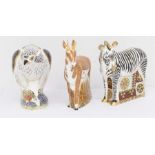 Three boxed Royal Crown Derby Paperweights - Osprey Zebra & Pronghorn Antelope, gold stoppers.