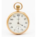 A 9ct gold Waltham open faced pocket, white enamel dial with Arabic numerals, subsidiary at 6, top