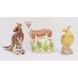 Three Royal Crown Derby boxed gold stopper paperweights - Fallow Deer, Kangaroo and Citron Cockatoo