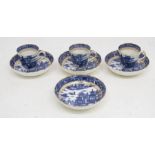 Late 18th Century blue and white cups and saucers Caughley, three cups and four saucers