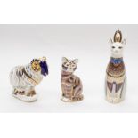 Two Royal Crown Derby Gold Stopper paperweights, Derby Ram Cat along with Royal Cat Egyptian with no