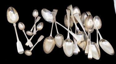 A collection of 18th & 19th Century silver flatware Old English and Fiddle pattern to include: