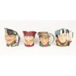 Four Royal Doulton character jugs including The Poacher, The Falconer, Robin Hood and Wolseley