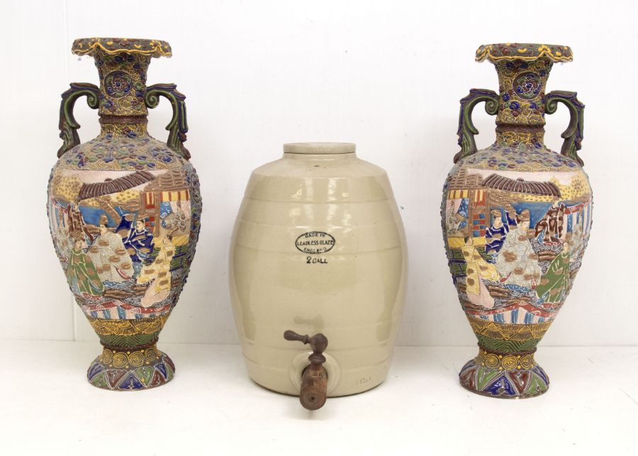 Pair of mid 20th century decorative Chinese vases along with stoneware ale barrel