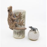 Studio pottery; a vase with lizard and a sculpture of a lizard on a rock (potters monogram)