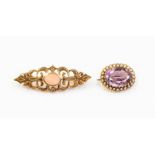 Two brooches to include a Victorian amethyst and seed pearl 15ct gold oval brooch, approx 18 x 14mm,