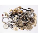 A collection of costume jewellery to include a Empire chrome plated open faced pocket watch along