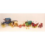 Models: A collection of six assorted model wagons, possibly handmade, including gypsy caravan, and