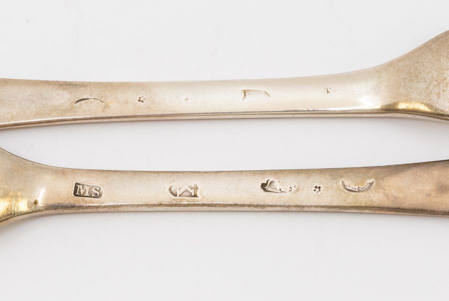 A pair of George III Irish silver Hanoverian dessert forks, each reverse handle engraved with a - Image 2 of 2