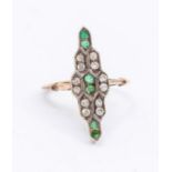 An Art Deco emerald and diamond gold ring, geometric form set with alternate round cut emerald and