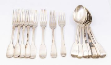 A collection of 19th Century fiddle pattern various dessert spoons and forks together with two Old