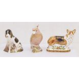 Three Royal Crown Derby gold stopper paperweights - The Royal Windsor Corgi Molly & Cockatoo