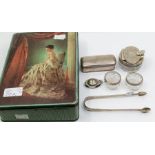 A collection of silver to include: 1. a Victorian silver mounted glass travelling toilet bottle, the