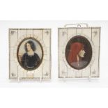 Two 20th Century miniatures, hand touched in frames, frame sizes 13 x 11cm, small cracks to frames