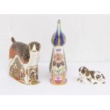 Three Royal Crown Derby Gold Stopper paperweights with boxes - Derby Peacock, Fox Hound & Scruff