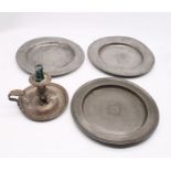 18th and 19th Century pewter plates, one of which is a Wesleyan Arms collection plate along with