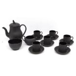 Wedgwood Black Basalt coffee set comprising coffee pot with widow finial, cream jug, sugar bowl