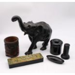 A Chinese early 20th Century brush pot, Edwardian pen box, ebony elephant, other ebony items