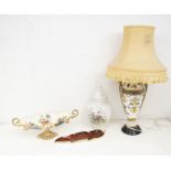 Gilt metal and pottery table lamp, gilt metal, pottery tazza, Chinese glass ginger jar, lamp and