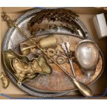 A collection of plated items including silver plated trays, spoons etc, along with various brass