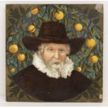 A late Victorian hand painted tile with a portrait of Rembrandt van Ryn., rondo, signed and title by