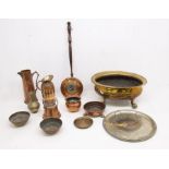 Collection of brass and copperwares to include 19th century brass planter, jugs, small bed pan etc.