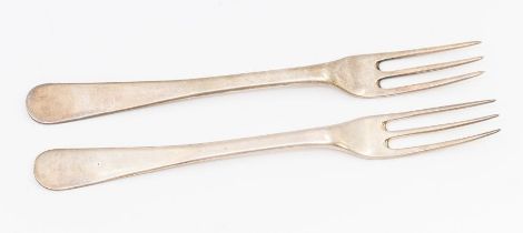 A pair of George III Irish silver Hanoverian dessert forks, each reverse handle engraved with a