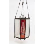 A Victorian style shaped octagonal glass and metal hall lantern, etched clear and ruby glass inserts