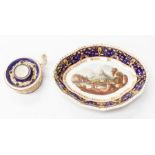 Early 19th Century Bloor Derby lozenge shaped dish, blue and gilt detailing with hand painted view