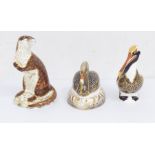 Three Royal Crown Derby boxed gold stopper paperweights - Black Swan, Playful Otter, Hadleigh with