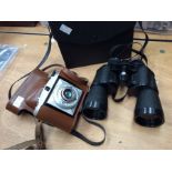 Mark Scheffel field binoculars, along with a 1950's Balilixette cased camera
