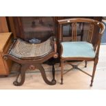 A Victorian mahogany X-shaped piano stool with cane seat along with an Edwardian corner chair