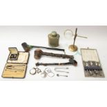 Mixed collection of items, i.e. cased plated flatware, desk magnifying glass, treen and two pocket
