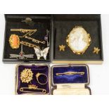 A collection of 9ct gold and gold tone jewellery, to include a 9ct gold mounted cameo brooch,