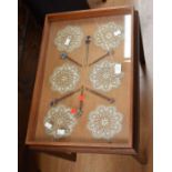Small mahogany glass top display coffee/side table with lace and lace tools displaying