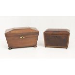 A Regency inlaid mahogany sarcophagus shaped tea caddy, the interior with two lidded compartments,