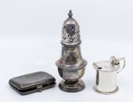 A collection of silver to include: 1. A Georgian style caster, pierced cover with urn shaped finial,