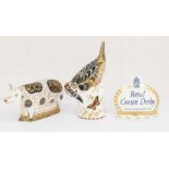 Three Royal Crown Derby gold stopper paperweight - Spotty Pig, Crown Namestead and Great Spotted