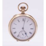 An early 20th century 9ct gold open faced pocket watch, white enamel dial with Roman numeral